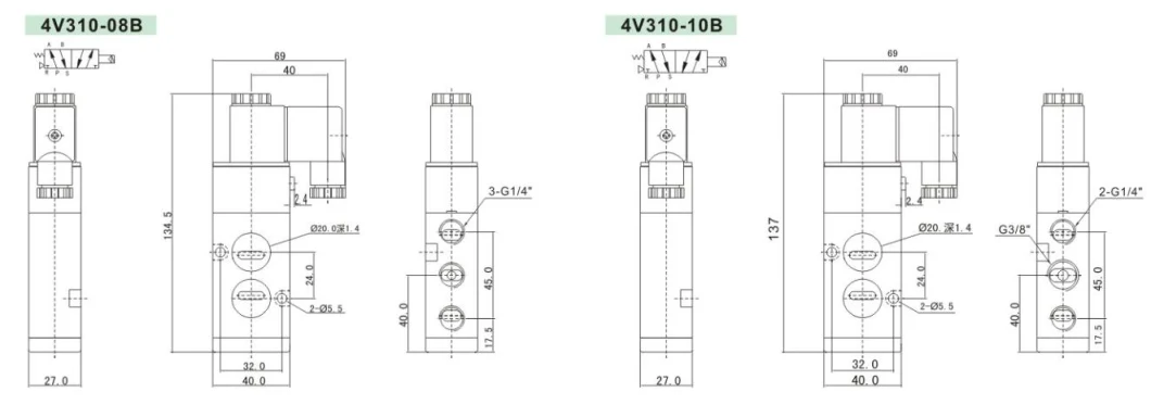 4V300 Series Airtac Type Two Positon Five Way Pneumatic Solenoid Valves 24V 220V